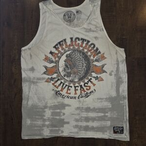 Affliction White Tank Top with Gray and Orange Design